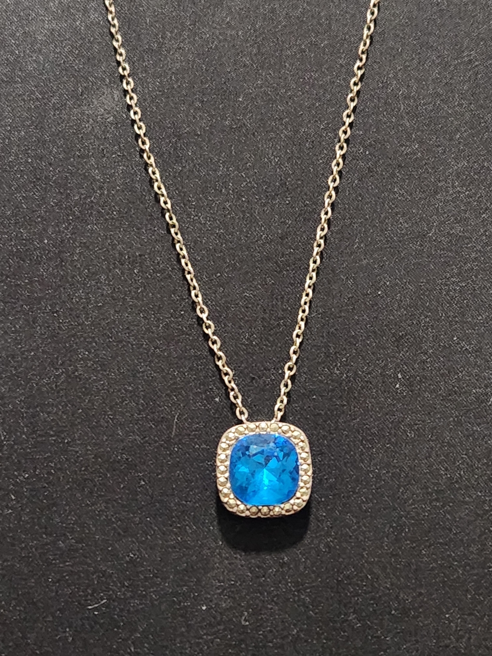 Vintage Style Blue Cushion Cut Stone Pendant Necklace with Marcasite Accents